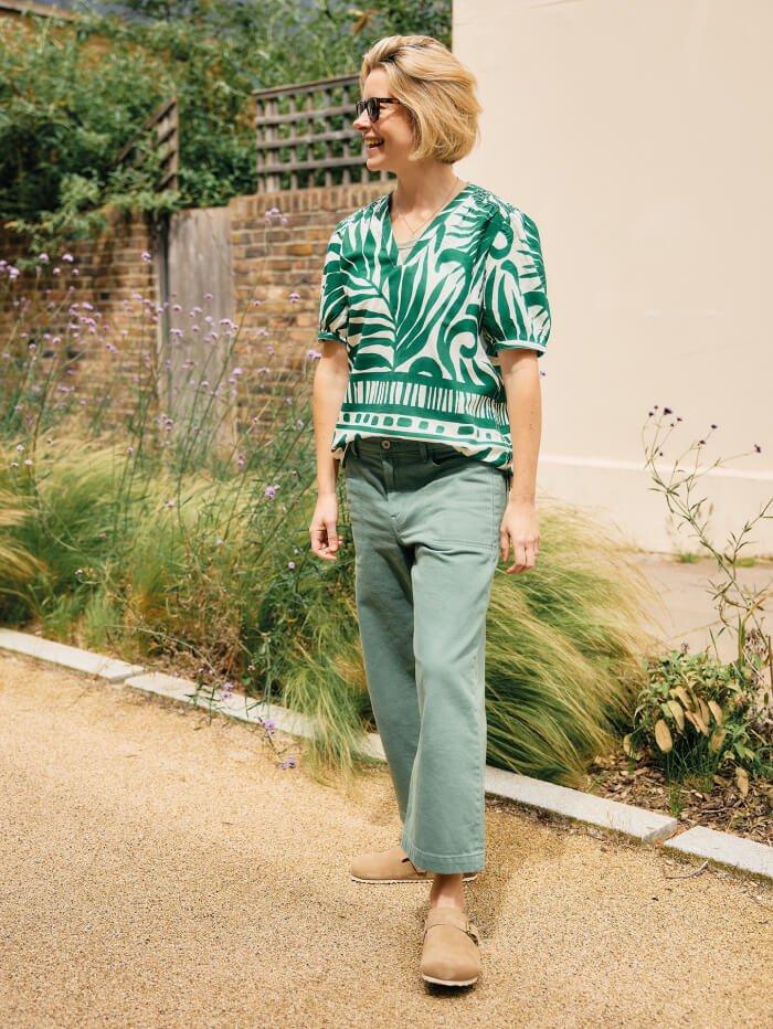 woman in printed linen top